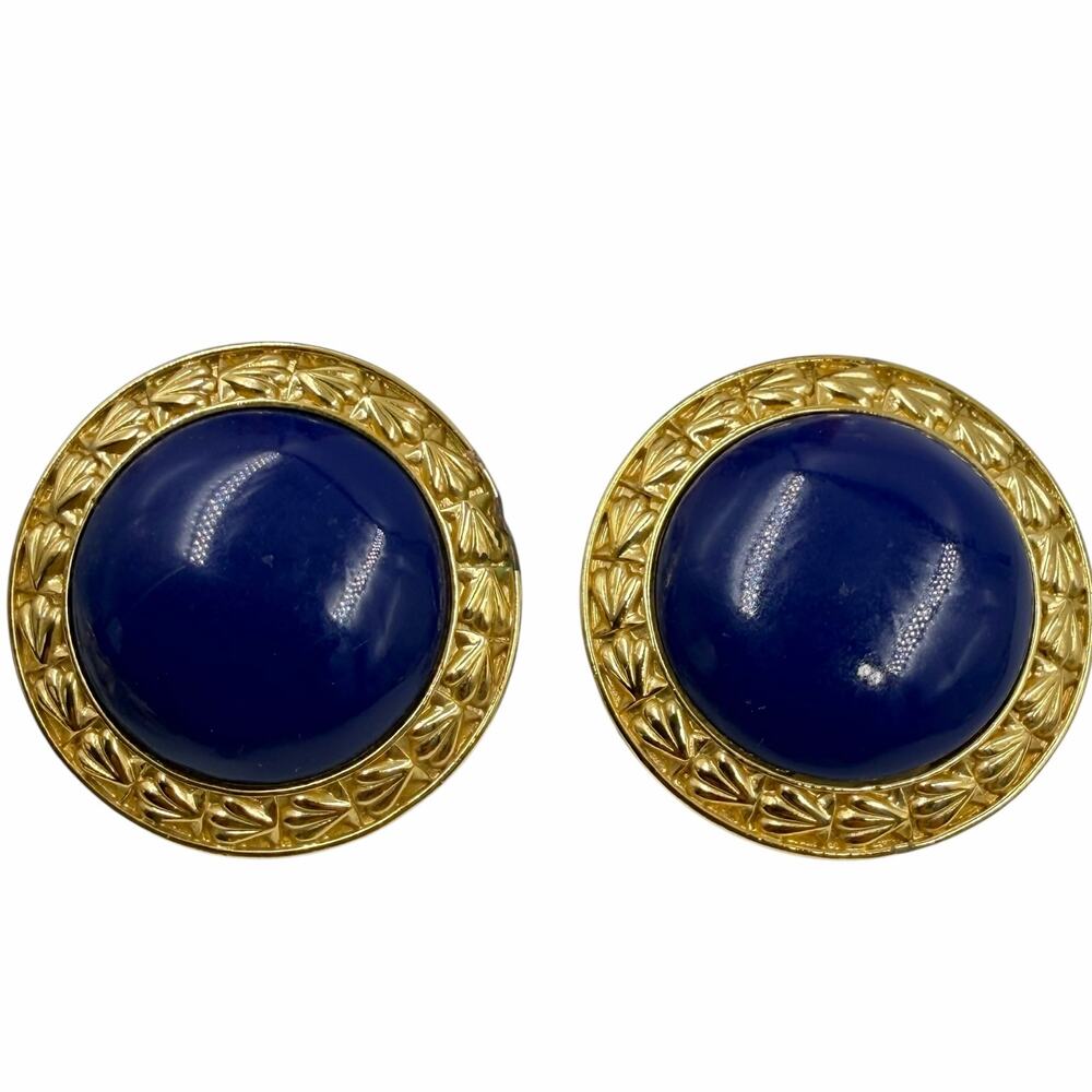 VTG 80s Trifari Runway Gold Cobalt Blue Cabochon Chunky Statement Clip Earrings